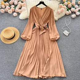 Vestidos casuais casamento convidado para mulheres vintage elegante vestido plissado crossover v pescoço manga longa cintura gravata escritório midi