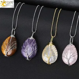 Hänge halsband CSJA Tree of Life Crystals Halsband Pendant Vatten Drop Natural Stone Halsband Wire Wrap Rose Ametysts Quartz Tiger Eye G953