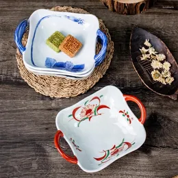 Teller Handgefertigter japanischer Speiseteller mit handbemalter blauer Keramik und Blumen-Doppelohrschale