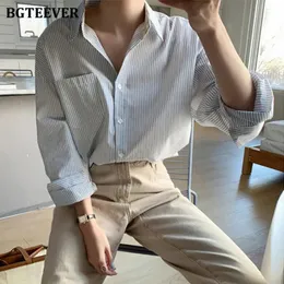 Shirts Bgteever Vintage Damen Gestreiften Frauen Blusen Turndown Kragen Langarm Lose Weibliche Shirts Casual Tops Femme 2021 Frühling