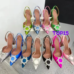 Amina Muaddi 7cm 9.5cm Crystal-Sunflower Sandals Party Wedding Designer Womens Dress Shoes Satin Poinded Slingbacks Bowtie Pumps High Heeledサイズ35-42