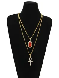 Collana da uomo S egiziano Ankh chiave della vita Set Bling ghiacciato Mini ciondolo con pietra preziosa Catena in argento dorato per le donne Gioielli Hip Hop Epacket8194006