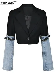 Eshin outono moda feminina denim retalhos blazer gola entalhada único botão manga longa terno curto jaquetas th5165 240102