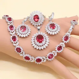 Pulseiras xutaayi sier conjuntos de jóias para mulheres vermelho semiprecioso colar pingente brinco anel pulseira jóias de casamento presente de aniversário