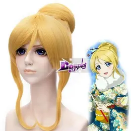 Caps Ly CS 저렴한 판매 댄스 파티 코스프레를위한 Love Live! Eli Ayase Golden Blonde Hair 1 Bun Cosplay Party Anime Wig