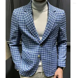 Herrenanzüge 2024 Frühling Tweed Plaid Blazer Männer Hochzeit Anzug Jacke Social Party Smoking Host Kleid Mantel Kostüm Homme Blau