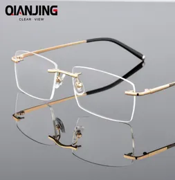 QianJing Alloy Rimless Optical Eyeglasses Rimless Spectacle Frame Men Gents Frameless Clear Glasses Gold Prescription Eyewear9381664