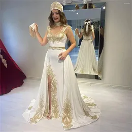Party Dresses Evening Arabic Long White With Gold Lace Applique Tassel Beading Sleeveless Satin Kaftan Prom Chic Celebrity Legant 2024