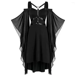 Casual Dresses Sexy Belt Cross Soe Up Patchwork Black Gothic Long Dress Plus Size Women Clothing 5xl Vintage Mesh Flare Sleeve Goth Punk