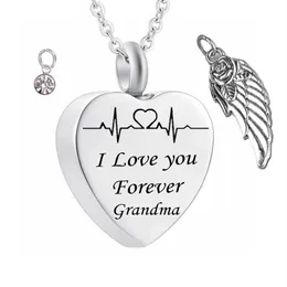 I Love You Forever Grandma Birthstone Ashes Heart Pendant Memorial Urn Necklace Angel Wing Stainless Steel Waterproof Cremation JE193A