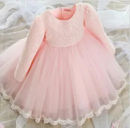 Klänningar 2016 våren baby flickor spetsklänning långärmad barn prinsessa klänningar rosa vit flickas prom klänning med stora båge barnfest tutu