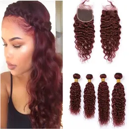 Wefts #99J Wine Red Brazilian Wet and Wavy Human Hair 4Bundles and Closure Burgundy Red Water Wave Virgin Hair Lace Closure 4x4 with Wea