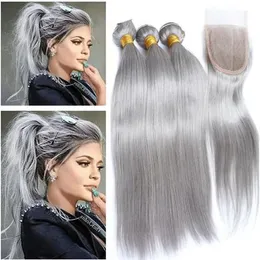 Wefts Brazilian Silver Gray Hair Bundles 3Pcs with 1Pc Closure 4Pcs Lot Straight Grey Colored Human Hair Weave Wefts with 4x4 Lace Closu