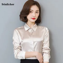 Camisa de seda de cetim Stinlicher Mulheres da primavera outono de manga longa Trabalho elegante usa tops de moda coreana branca azul preto blusa 240102