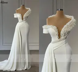 Modern White Satin Mermaid Wedding Dresses Stunning Beading Off Shoulder Designer Bridal Gowns Boho Garden Sweep Train Peplum Elegant Bride Robes de Mariee CL3147