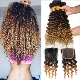 Wefts 1B/4/27 Honey Blonde Three Tone Brazilian Deep Curly Hair With Closure 9A Virgin Brazilian Ombre 3Bundles With Lace Closure 4Pcs L