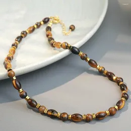 Collier de perles fait à la main en pierre d'oeil de tigre Maillard rétro EuUSA, chaîne de clavicule en ambre de luxe léger et haut de gamme de Style ethnique