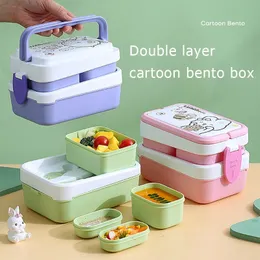 Double layer1350ml Microwave Lunch Box Cute Dinnerware Food Storage Container Children Kids School Office Portable Bento Box 240103