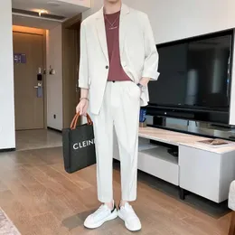 Luxury Casual Men Suit Jacket Set Streetwear Elegant Korean Solid 2 Piece With Pants Leisure 2023 Spring Coat and 240103