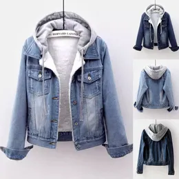 Korean Version of Denim Plus Velvet Jacket Solid Color Fashion Detachable Hooded Fleece Warm Lamb Wool Cottonpadded 240102