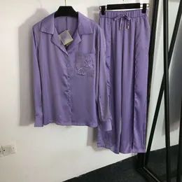 Ternos femininos blazers outono casa conjunto de pijama com bolso no peito bordado camisa de manga comprida + cordão cintura elástica calças de perna larga