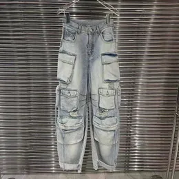 Jeans da donna stile americano con bottoni a pressione jeans dritti multitasche paio di pantaloni larghi a vita bassa lavati con fori strappati 240102