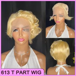 Grossistpris malaysisk peruansk indisk 613 blond 100% rå jungfru remy mänsklig hår pixie curly cut t del kort peruk