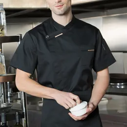 Unissex chef uniforme cozinha el café cozinhar roupas de trabalho manga curta respirável camisa doublebreasted jaqueta topos para homem 240102