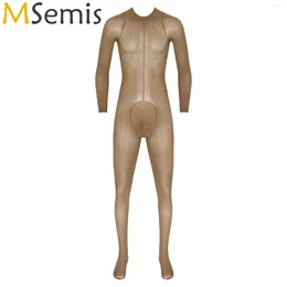 Roupa de banho feminina masculina brilhante elástico protuberância bolsa collant unitard traje lingerie manga longa bodystocking sexy ver através bodysuit