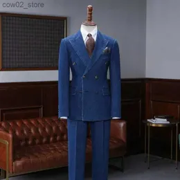 Erkekler Suits Blazers Sıradan Mavi Denim Oxford Erkekler Erkekler Gel Homme Moda Düğün Prom Terno Maskulino İnce Fit Damat Blazer 2 PCS (Ceket+Pant) Q230103