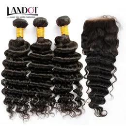 Wefts Indian Virgin Hair Deep Wave With Stängning 8A obearbetat Curly Human Hair Weaves 3 Bunds och 1 -stycken Topp spetsstängningar Natural B