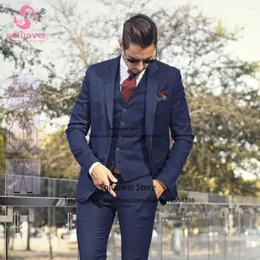 Ternos masculinos clássico azul marinho fino ajuste para homens de negócios 3 peça calças conjunto festa noivo casamento notch lapela smoking traje homme mariage