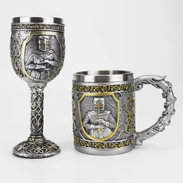 3D Knight Mug Wine Goblet Birthday Halloween Fathers Day Gift Rostfritt stål Invägg Harts Yttre Cool Retro Glass 240102