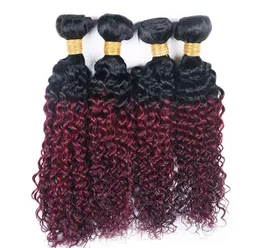 Kinky Curly 4 번들 T 1B 99J Ombre Dark Wine Red Two Tone Color Cheap Brazilian Virgin Human Hair Weave 4 번들 Extension1158679