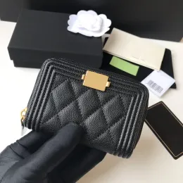 le boy luxo preto genuíno couro moda feminina bolsa carteira clássico designer saco vintage ouro metal titular do cartão mulheres caviar pele de cordeiro preto zíper bolsa prpu