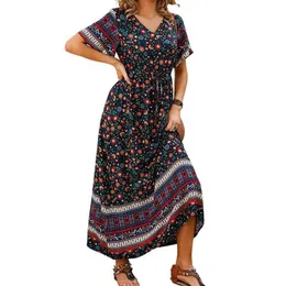 Vestidos Vintage Estampado floral Vestido maxi de mujer Cuello en V Manga corta Vestidos de verano Casual Cintura alta con cordones Volantes Playa Boho Vestido veraniego