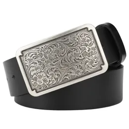Cowskin Mens Belt Retro Tang Grass Square Silver Plated Smooth Buckle Youth Decorative Leisure 240103