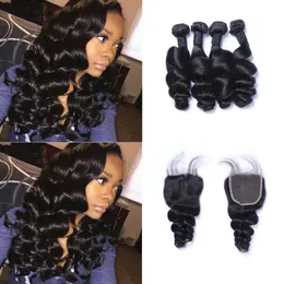 Wefts Malaysian Loose Wave Hair Weaves 4 번의 묶음 폐쇄 무료 중간 3 부 Double Weft Human Hair Extensions Dyable Human Hair We