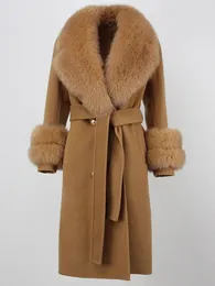 OFTBUY Giacca invernale da donna lunga in misto lana naturale cashmere cappotto in vera pelliccia cintura doppio petto caldo streetwear moda 240102