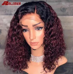 Su Dalgası Ombre Burgundy Kısa Kıvırcık Dantel Ön İnsan Saç Perukları Malezya Remy Renkli İnsan Saçlı Peruklar 99J Kısa Dantel Ön Wig9320619