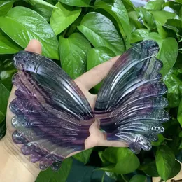 Decorative Figurines Natural Rainbow Fluorite Hand Carved Butterfly Wings Figurine Crystal Sculpture With Showing Stand For Craft Decoration