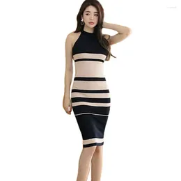 Casual Dresses Yuzacdwx 2024 Autumn Fashion O-Neck Knitting Dress Women Sleeveless randig elegant tröja Femme Sheath Robe