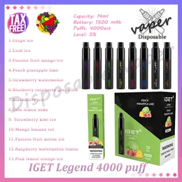 100 % Original IGET Legend 4000 Puff Einweg-Vape-Pen-Netzspule, 14 ml vorgefüllter Pod, 5 % Verdampfer-Vape-Pen-Kit, 4K-E-Zigarette, 13 Geschmacksrichtungen auf Lager