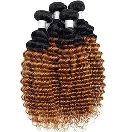 Wefts 4 Bundles 1B/30 Ombre Brazilian Deep Wave Human Hair Weave Bundles 100% Unprocessed Brazilian Virgin Hair Deep Curly Hair Extensio