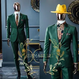 Модные облегающие мужские костюмы для мужчин, темно-зеленый свадебный смокинг жениха, мужской костюм для курения, куртка, брюки 240122