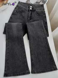 Hohe Taille Doppel Schnalle Bell-Bottom Jeans Koreanische Mode Dünne Dünne Streetwear Denim Hosen Frühling Herbst Gewaschen Frauen 240102