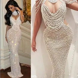 Elbiseler Gece Elbise Yousef Aljasmi Kim Kardashian Kabarık Kollu Yüksek Yakalı Kristal Püskül