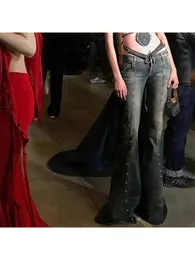 Kvinna gamla pengar jeans mörk akademi denim trend byxor estetik klocka gyaru bottnar ins lapptäckfickor tvättar slips-färgat 240102