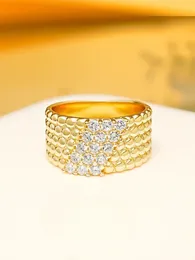 Retro Plain Gold with Diamond Ring Female Index Finger Wide Arm Gold-plated Instagram Cool and Style 240103