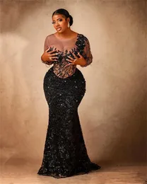 African Aso Black Ebi O Mermaid Prom 2024 Sheer Neck Plus Size Birtdhay Party Gowns Beaded Formal Dresses Robe De Soiree